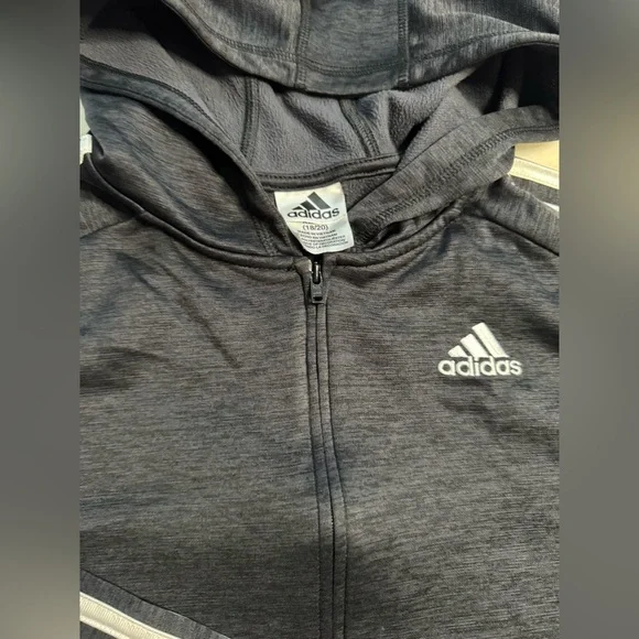 Adidas Boys Melange Charcoal Gray Fleece Full Zip Hoodie with White Stripes - Picture 4 of 8